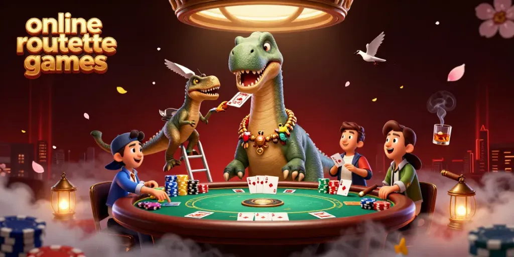 Engage in thrilling online roulette games with vibrant cartoon dinosaurs in a rich casino scene.