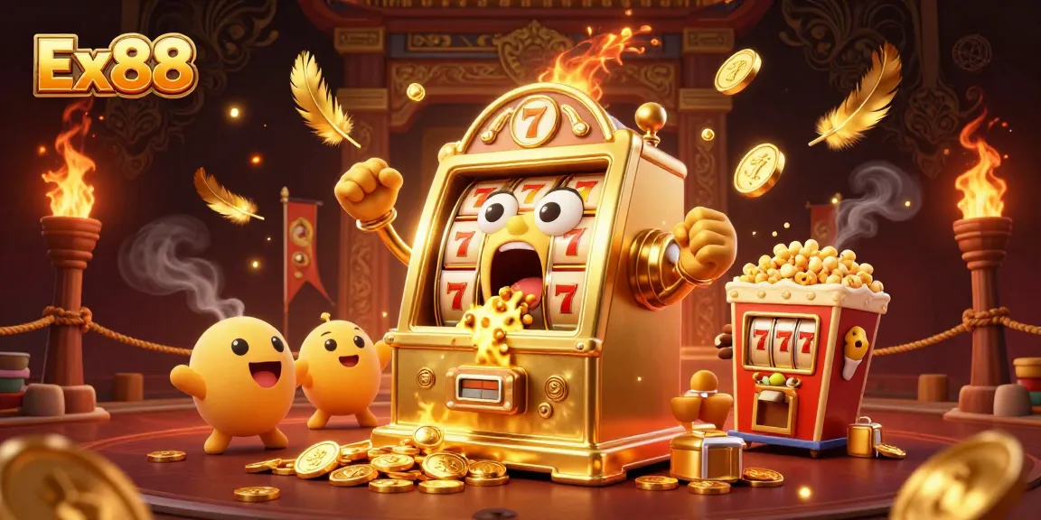 Ex88 jackpot celebration with slot machines and golden coins in a vibrant casino scene