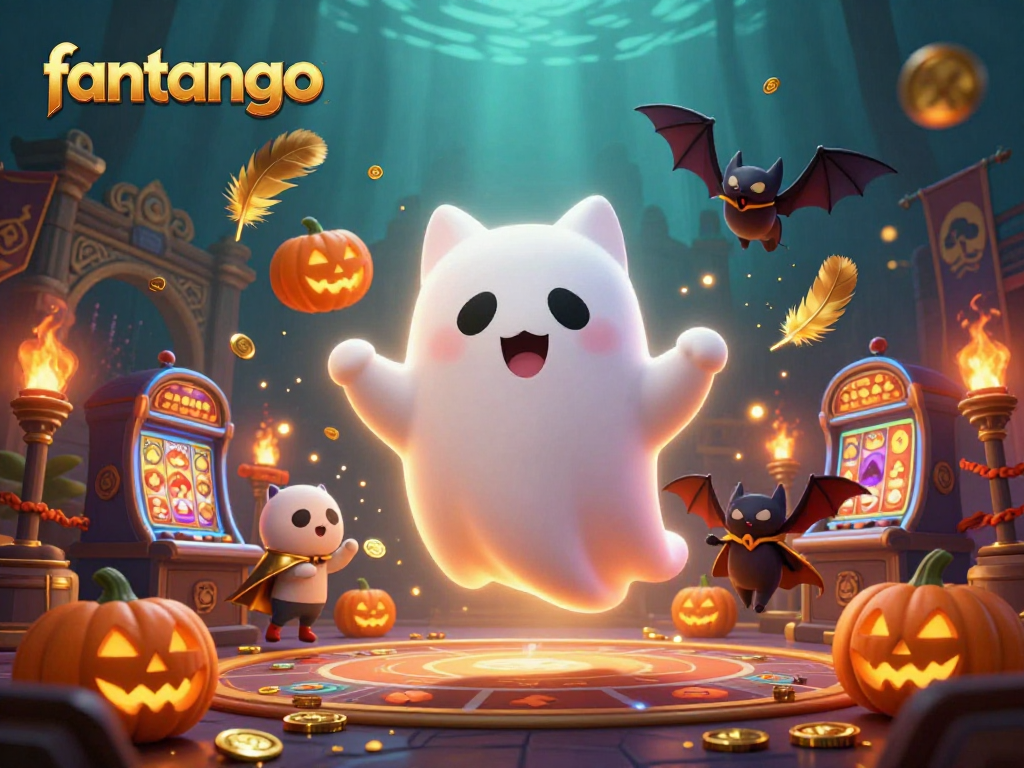 Experience the excitement of fantango as friendly ghost characters play in a haunted casino, surrounded by glowing elements.