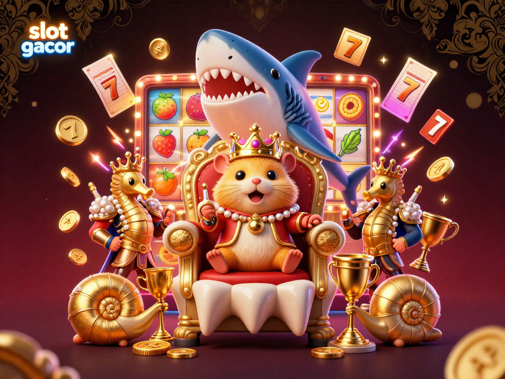 Engage in exhilarating slot gacor games with a vibrant hamster king and dynamic winning elements surrounding the scene.