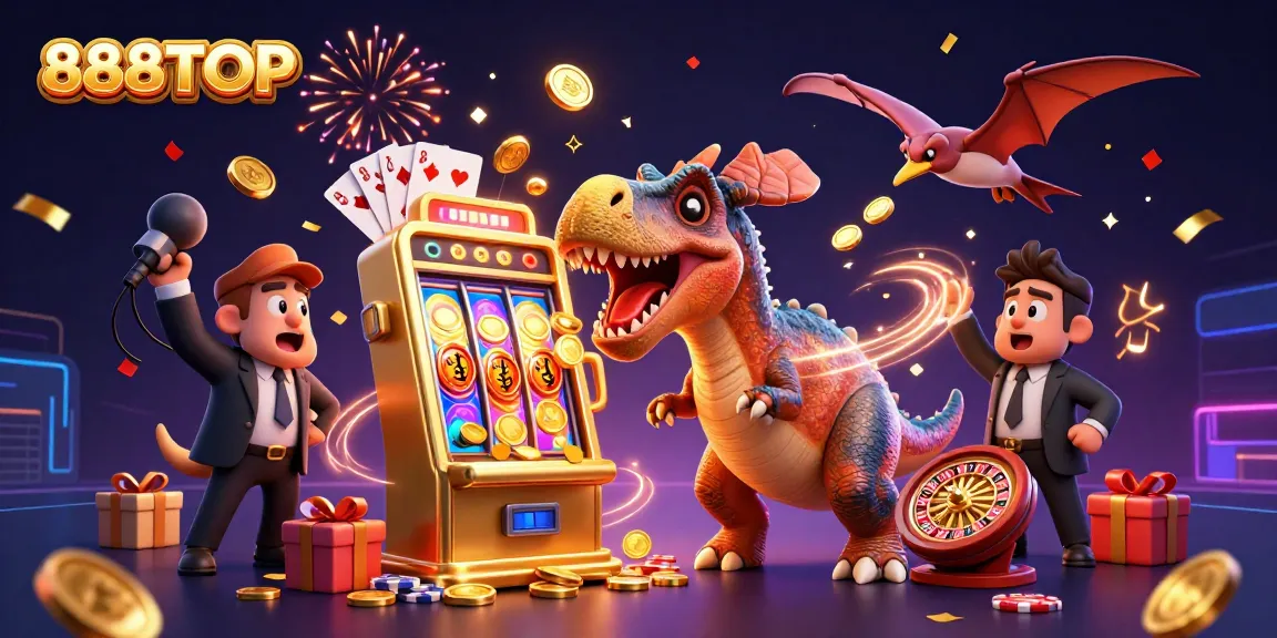 888TOP features a dinosaur jackpot scene with a pachycephalosaurus, a casino manager, and coins flying around.