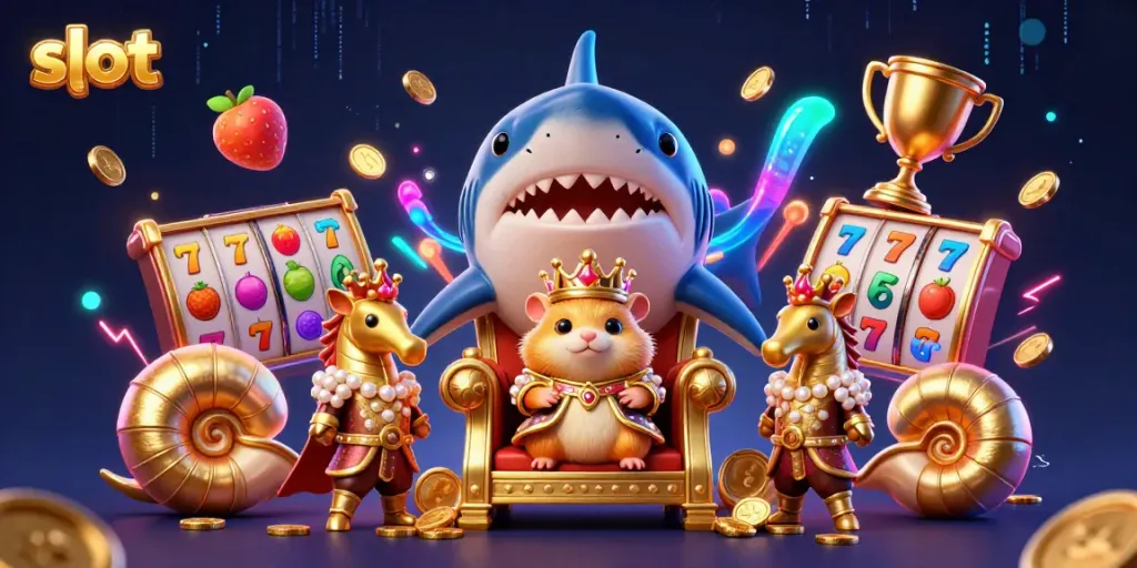 Experience the excitement of slot machines with a fierce golden hamster king in a captivating casino scene.