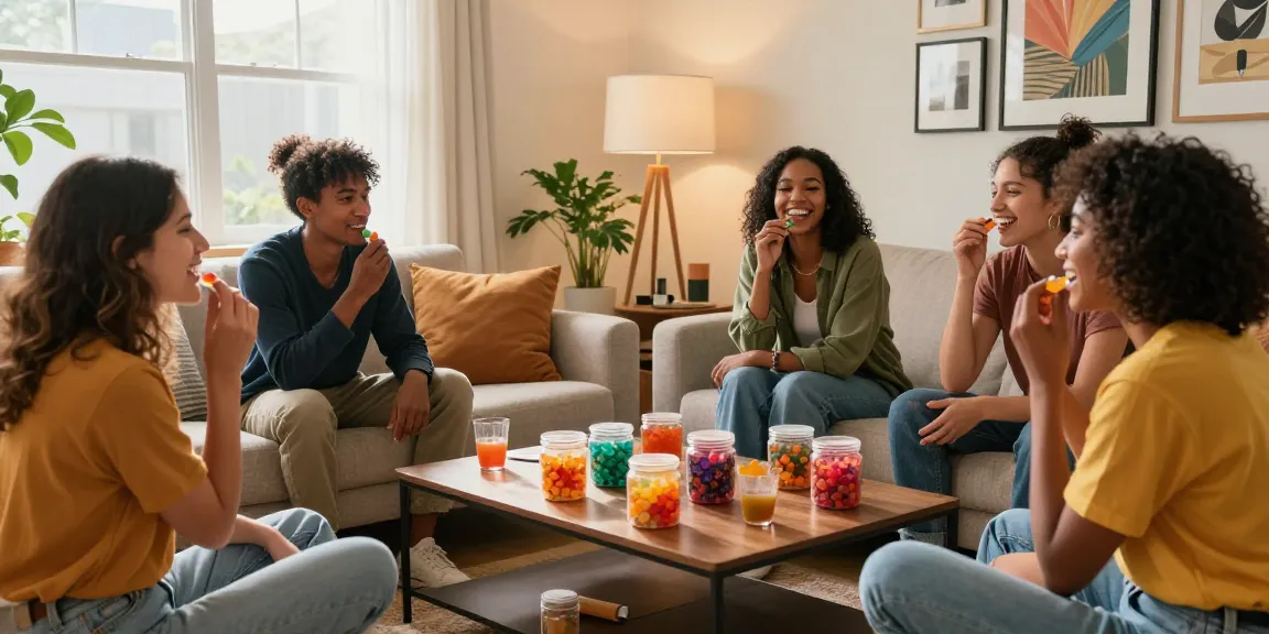 Gathering of friends enjoying hemp-derived THC gummies in a cozy living room setting.
