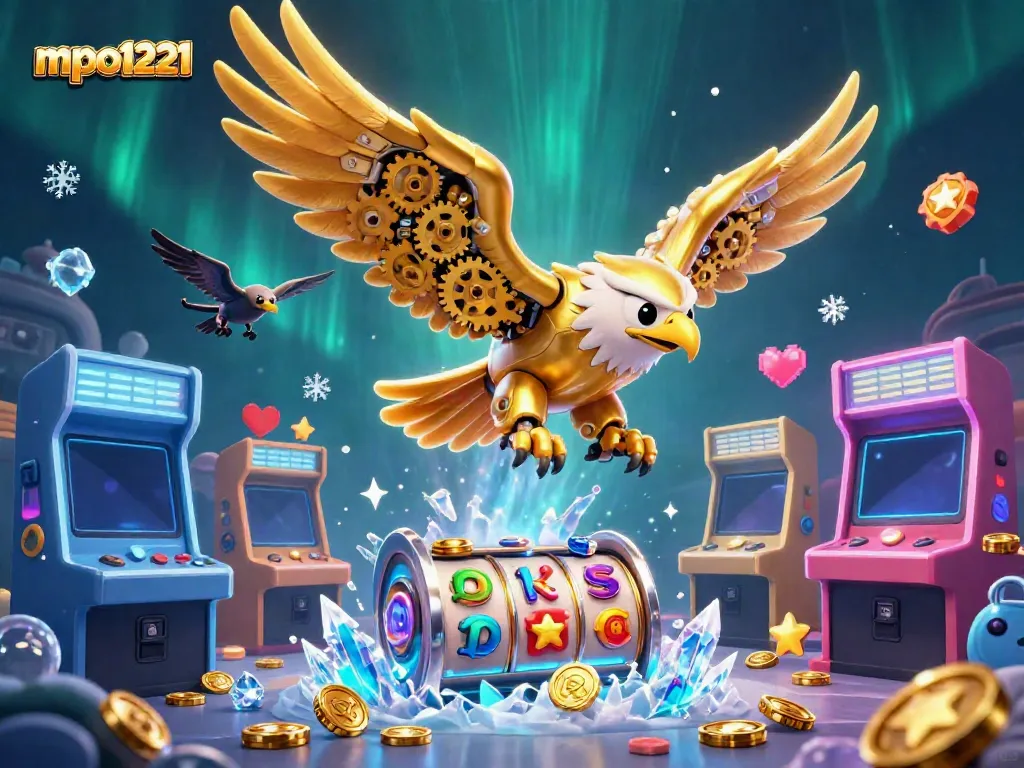 Experience the immersive world of mpo1221 with a cybernetic eagle and vibrant casino elements.