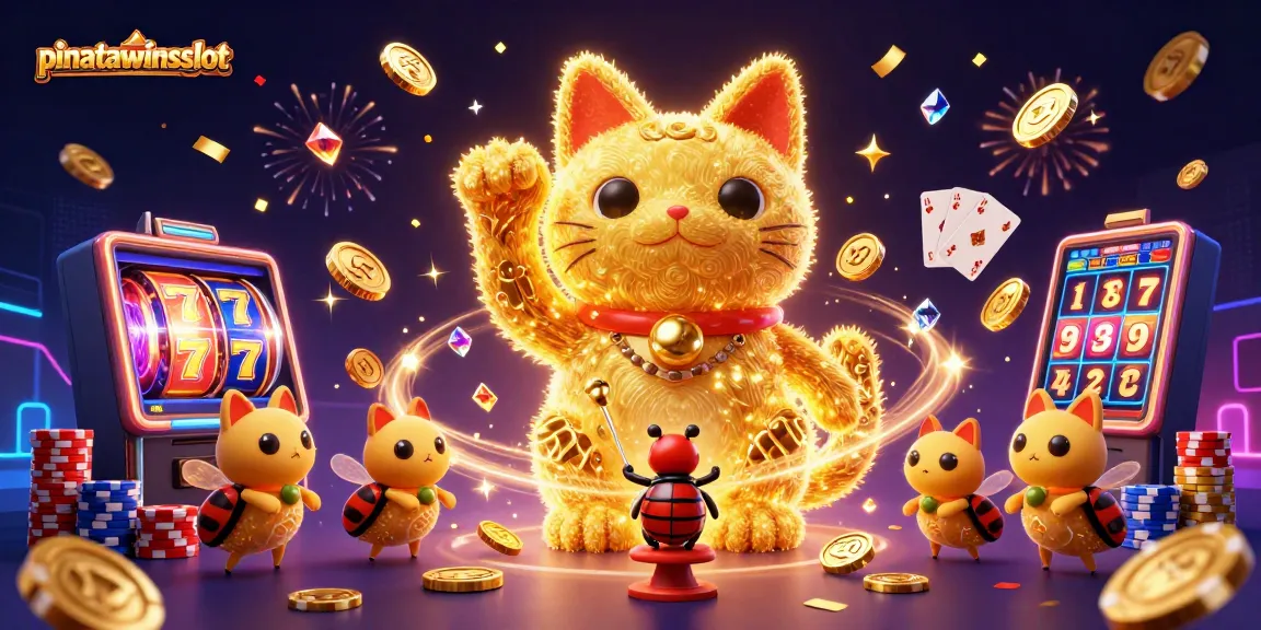 Experience the excitement of pinatawinsslot with vibrant slot symbols and golden lucky cat amidst cascading coins.