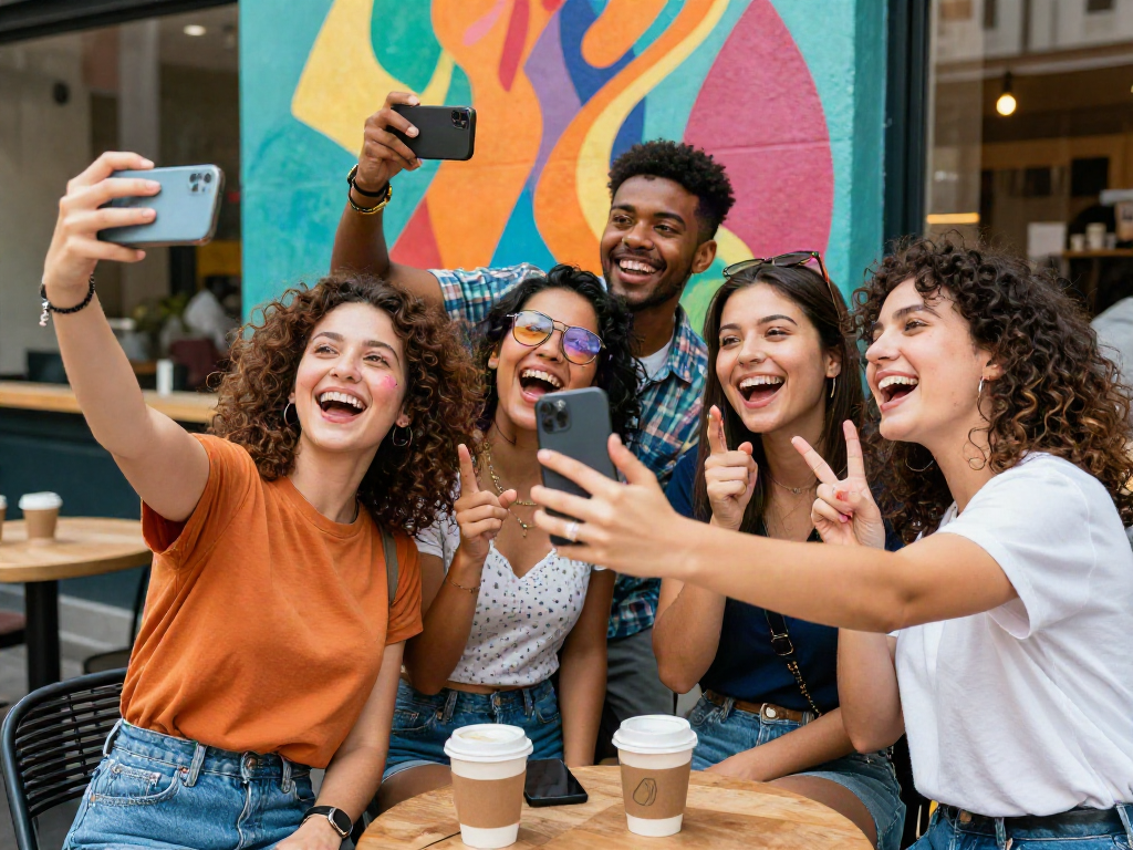 Group enjoying an attractive test experience taking selfies in a vibrant urban space.