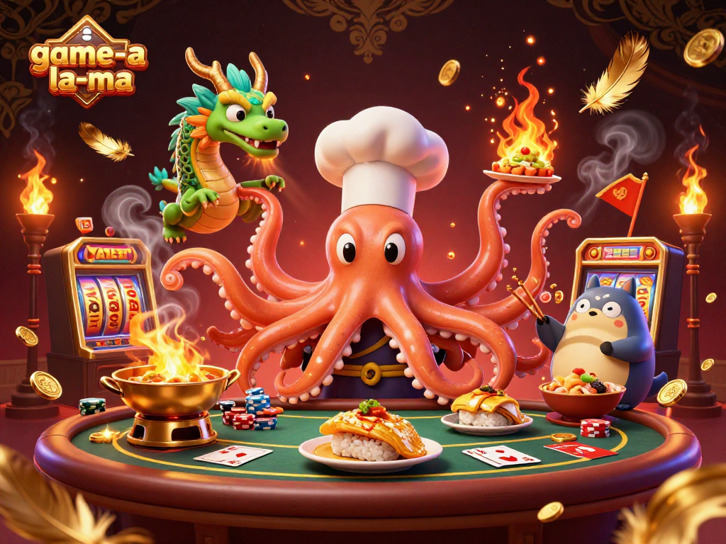 game-la-ma casino scene featuring a sushi chef octopus, a dragon, and a tanuki among rich gaming elements.