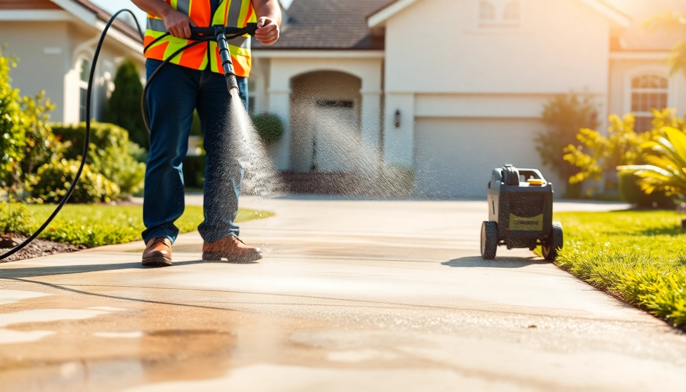 Driveway cleaning service using professional pressure washing to remove stains.
