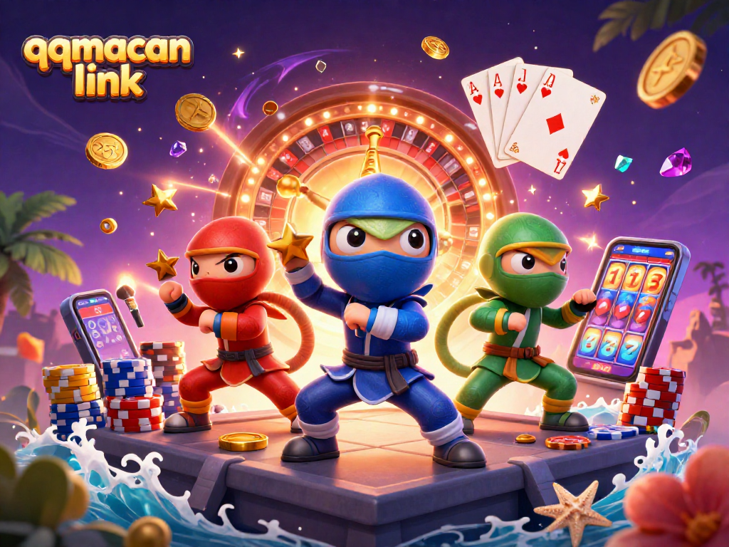 Enhance your gameplay with the qqmacan link experience in this vibrant casino-themed illustration.