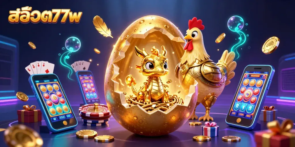 Engage with สล็อต77w's winning slots experience inside a vibrant, 3D gaming scene.