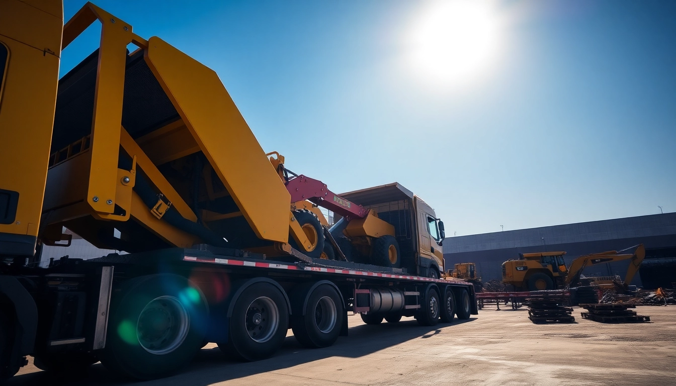 Delivering equipment transport services with a truck loading heavy machinery.