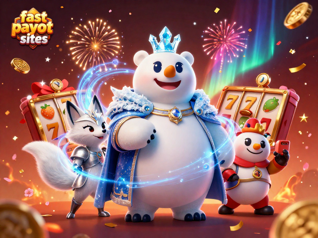 Explore fast payout sites with a vibrant casino illustration featuring a snowy king and dynamic slot symbols.