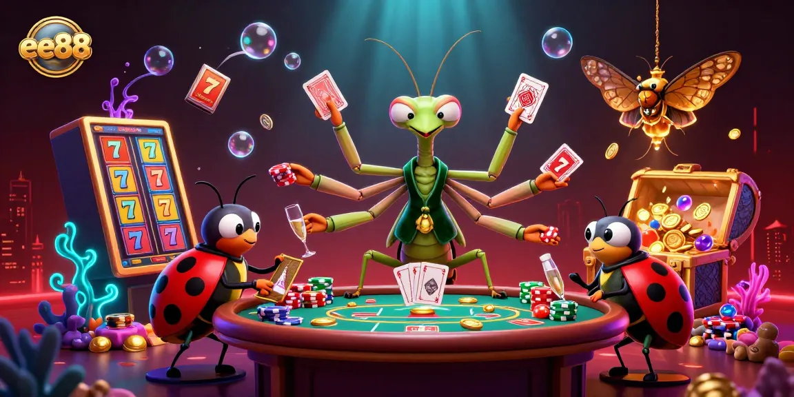 Engage in thrilling gaming at ee88 with a lively 3D casino scene featuring card action and vibrant elements.