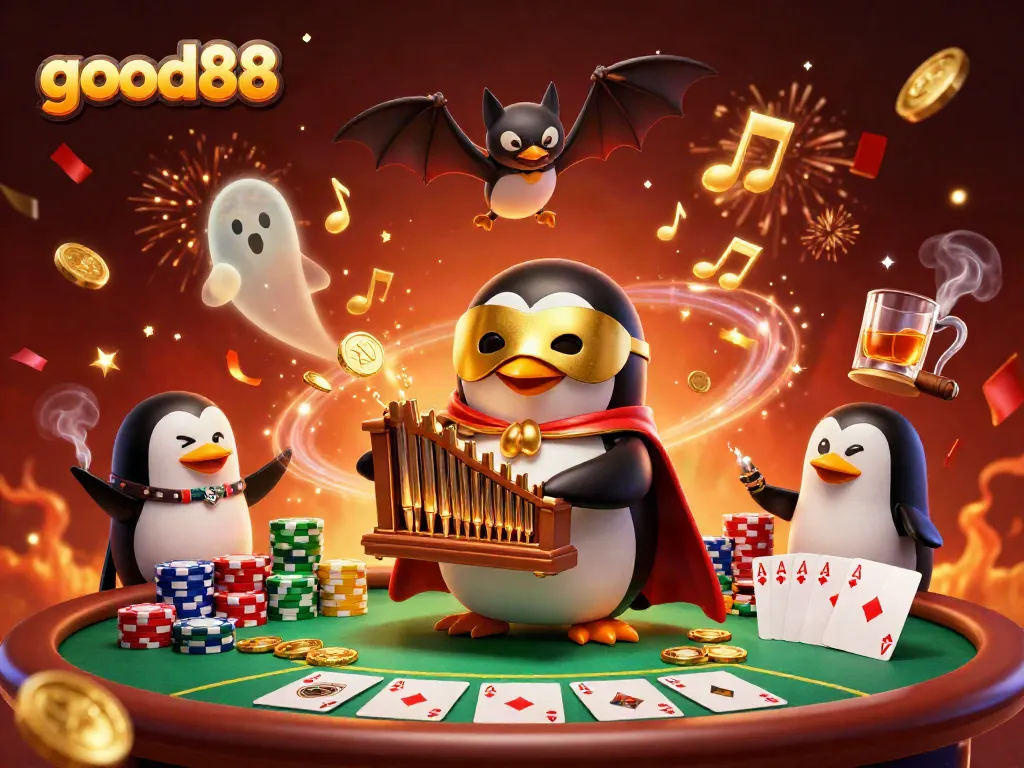 Engage with the thrilling world of good88 as golden coins rain from a mystical organ, showcasing a vibrant poker scene.