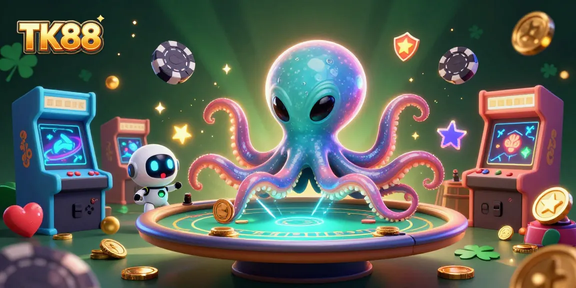Experience thrilling gameplay at TK88 with an adventurous octopus and robot in a dynamic casino.