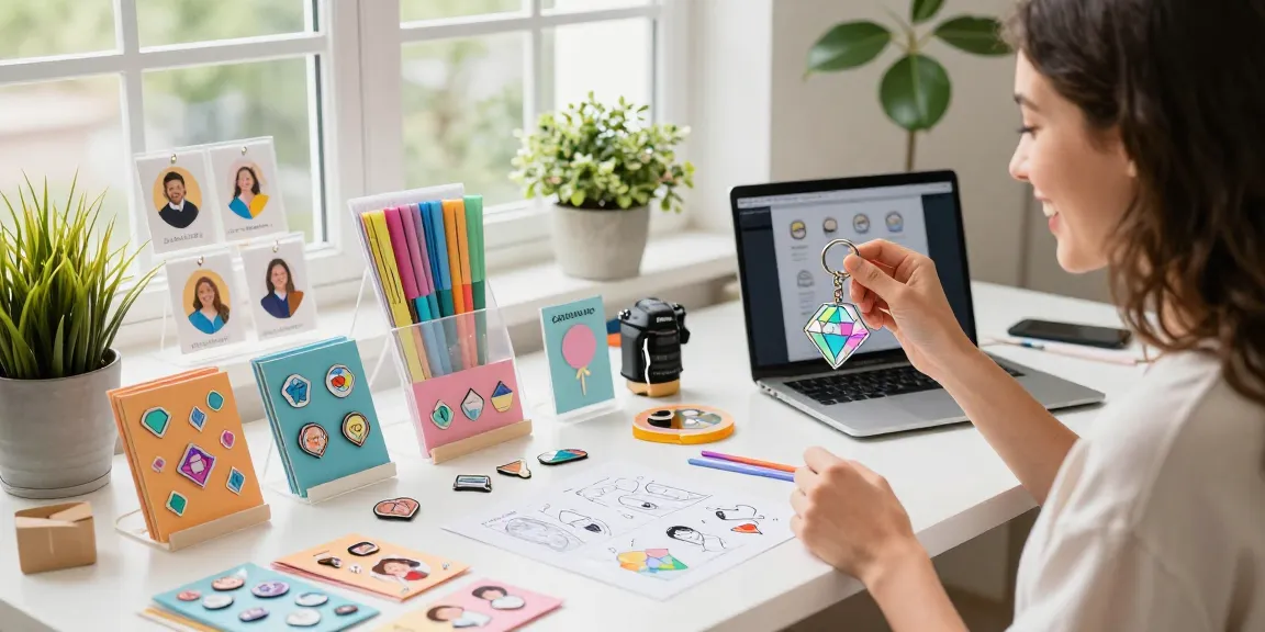 Engaging customer exploring a Custom Acrylic Diamond Keychain in a vibrant e-commerce workspace filled with colourful custom merchandise.