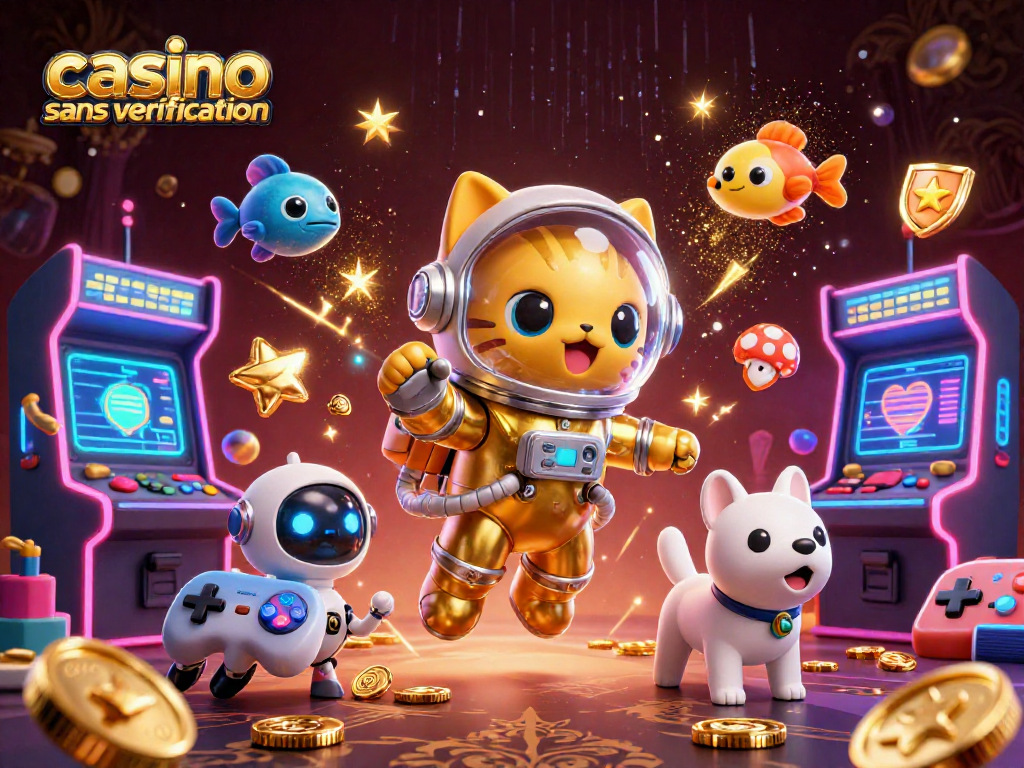 Découvrez les avantages d'un casino sans vérification avec un chat astronaute et un chien robotique en illustration 3D.
