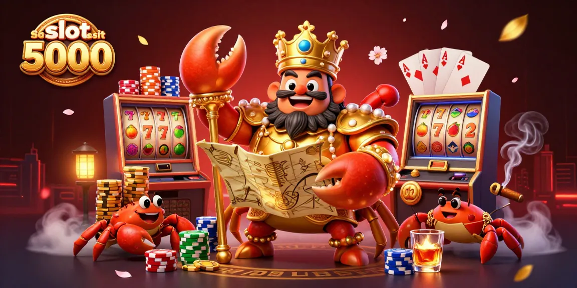 Spin the slot deposit 5000 reels with the golden crab emperor guiding a vibrant casino scene.
