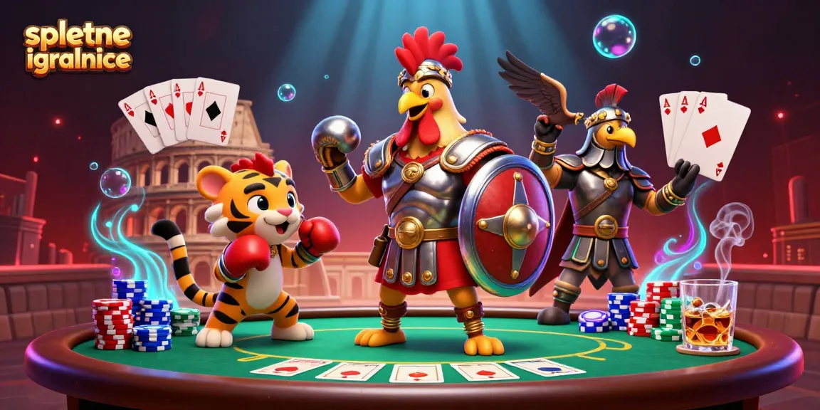 V spletne igralnice igra gladiator petelin z levom in pokrom, obdan s poker žetoni.
