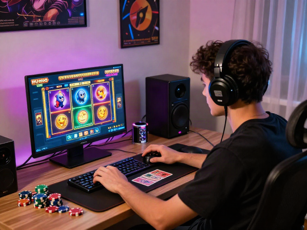 Player enjoying online slot deposit qris 5k gaming experience at home office