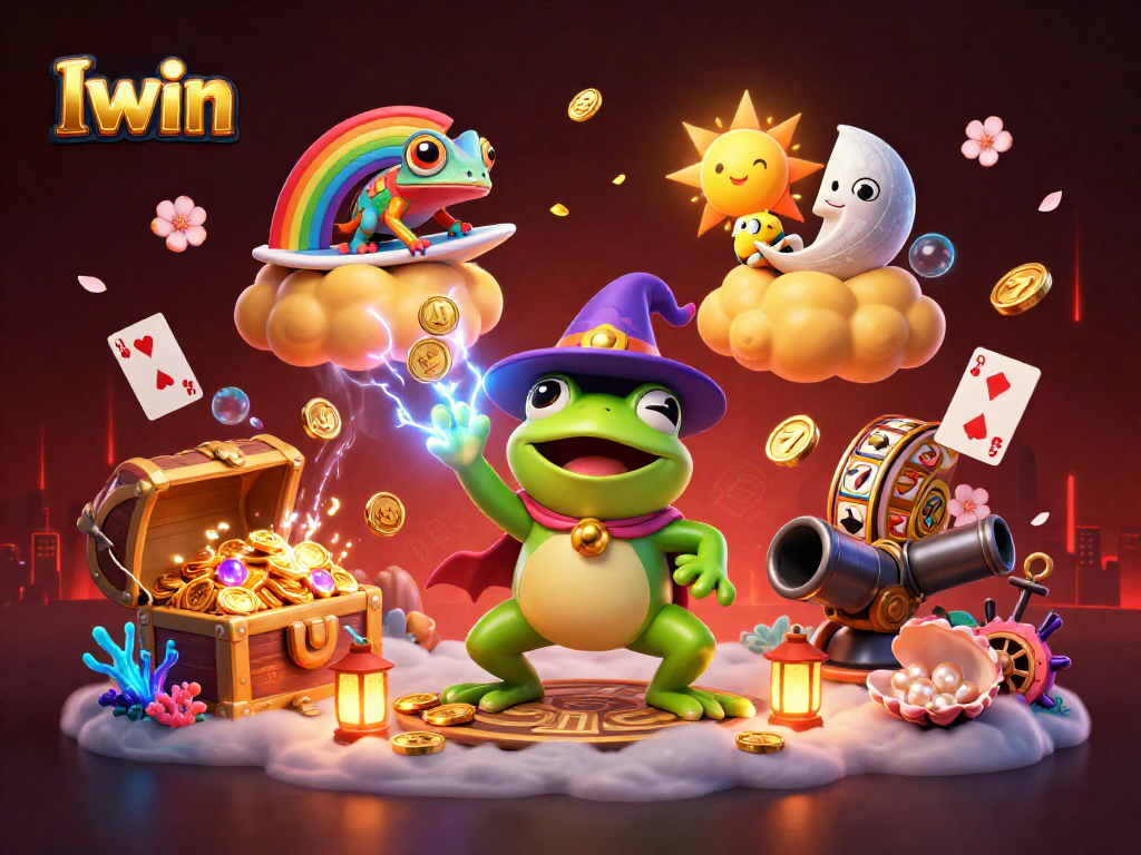 Iwin slot adventure with magical characters and golden coins raining down in a vibrant casino scene