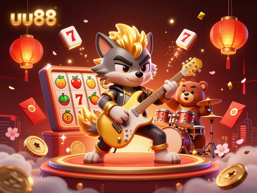 Experience thrilling gameplay with uu88 at this lively 3D casino scene with rock star characters and slot symbols.
