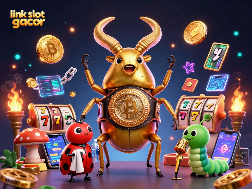 Engage with link slot gacor through an exciting battle featuring a giant golden stag beetle, betting symbols, and cryptocurrency elements.
