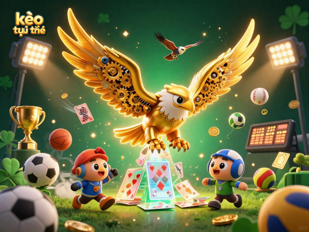 Engage with kèo trực tuyến through a dynamic illustration of a golden eagle amidst sports elements.