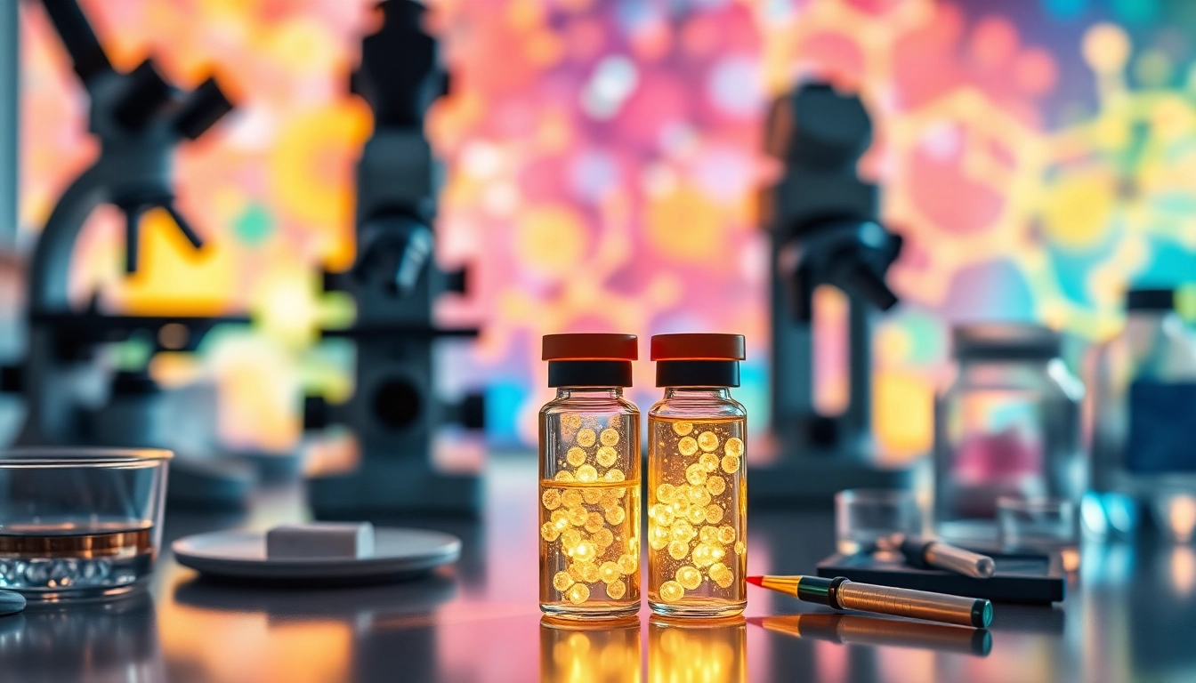 Buy glow peptide featuring illuminated vials in a dynamic lab setup, emphasizing research excellence.