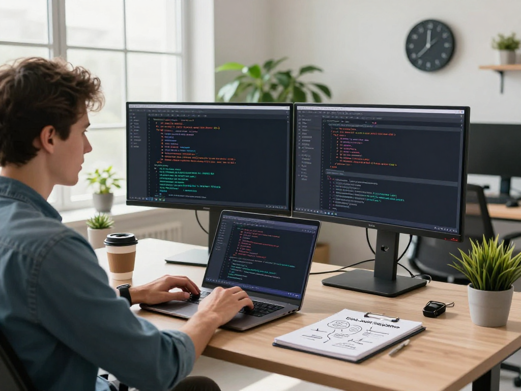 Modern tech workspace showing a developer working on acrossprotocol integration with dual monitors and vibrant decor.
