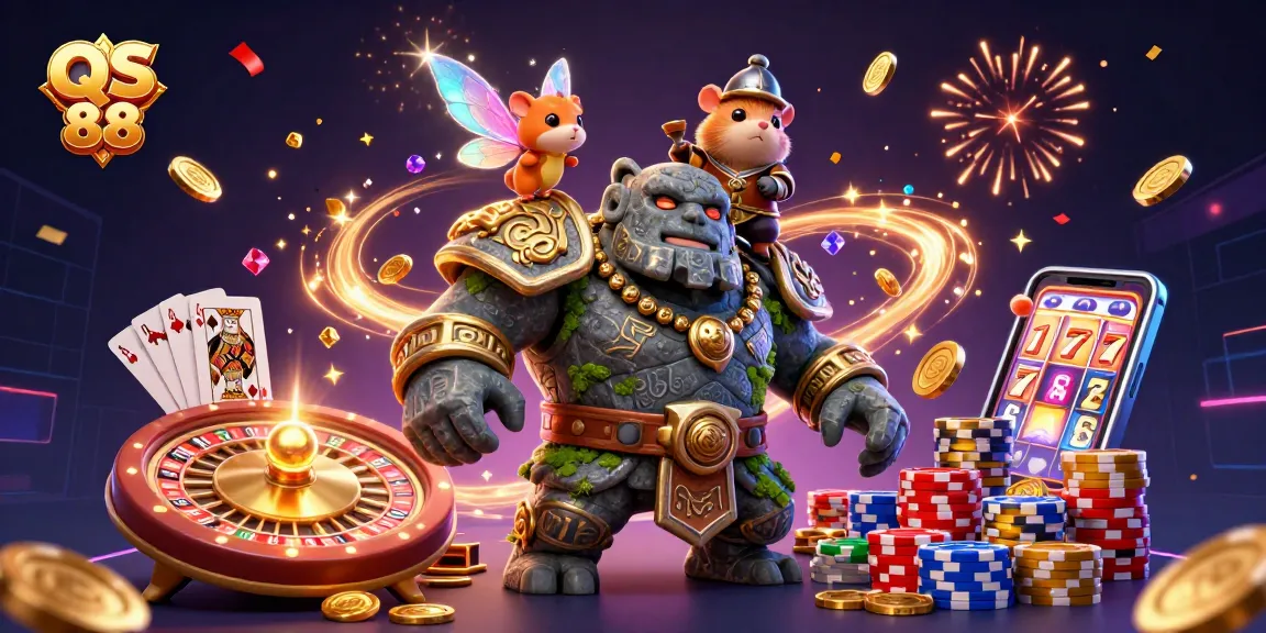 Experience thrilling wins at QS 88 with a dynamic thrilling scene featuring magic, casino games, and festive elements.