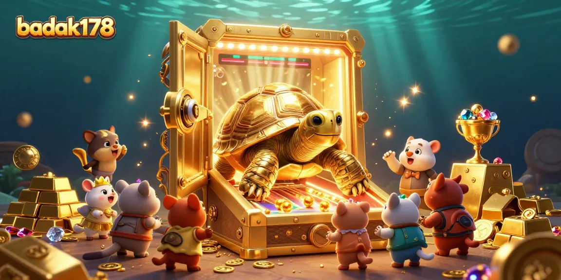 Engage with the lively scene of badak178 featuring a tortoise pinball machine and dazzling treasures.