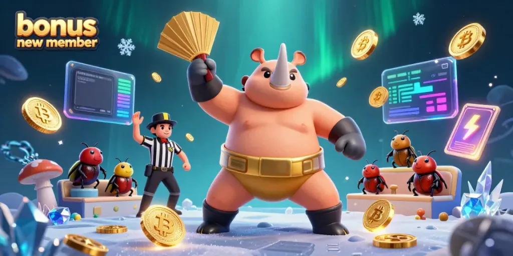 Join the action with our bonus new member offer as a powerful beetle stomps coins, surrounded by vibrant cryptocurrency elements.