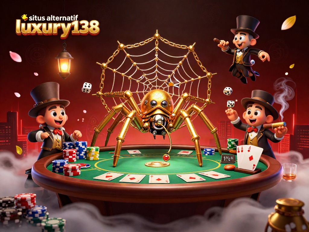 situs alternatif luxury138 mengatur taruhan di meja poker dengan elemen berwarna-warni dan suasana kasino yang kaya.
