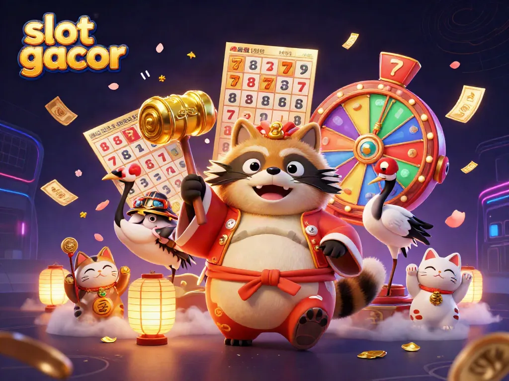Menangkan slot gacor dengan rupanya yang ceria dari tanuki, crane, dan kucing maneki-neko di latar belakang penuh keberuntungan.