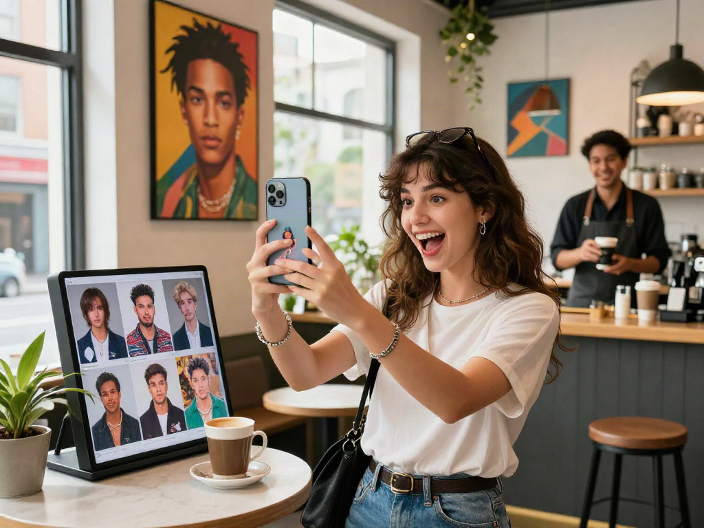 A woman comparing her selfie to celebrity look alikes in a trendy café setting.