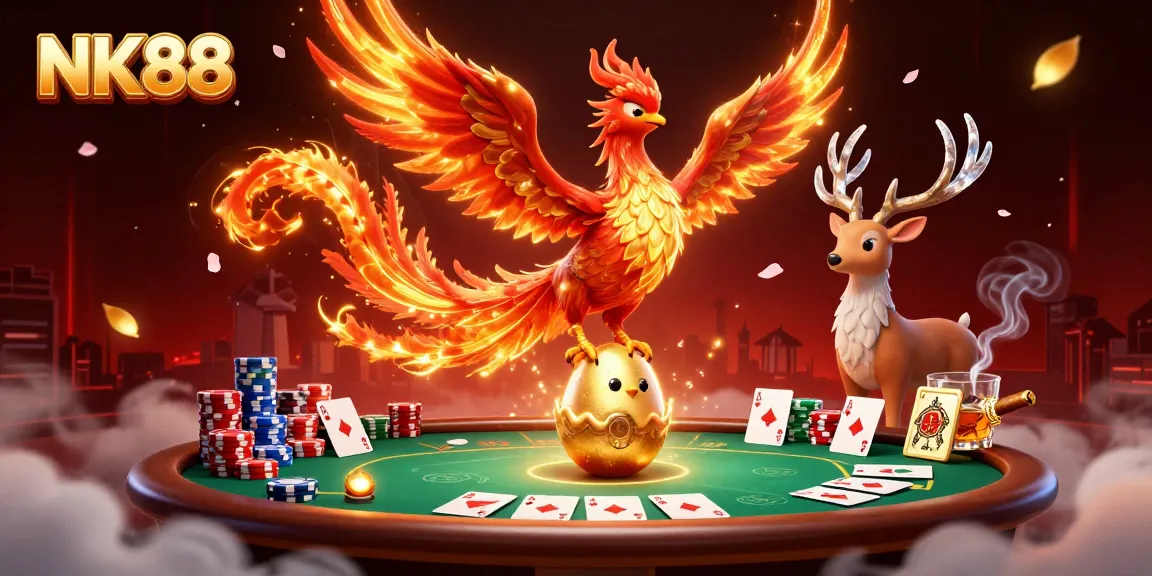 Experience thrilling gameplay and winning strategies with NK88's vibrant casino scene featuring a phoenix and mystical stag.