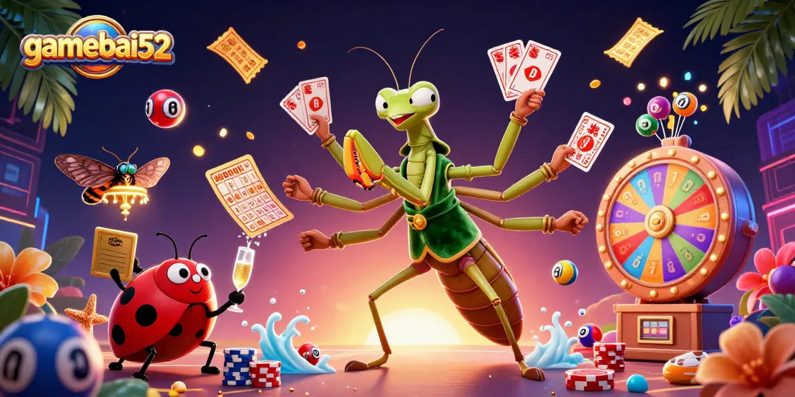 Engage in thrilling gameplay with gamebai52 as a mantis shuffles cards and champagne flows.