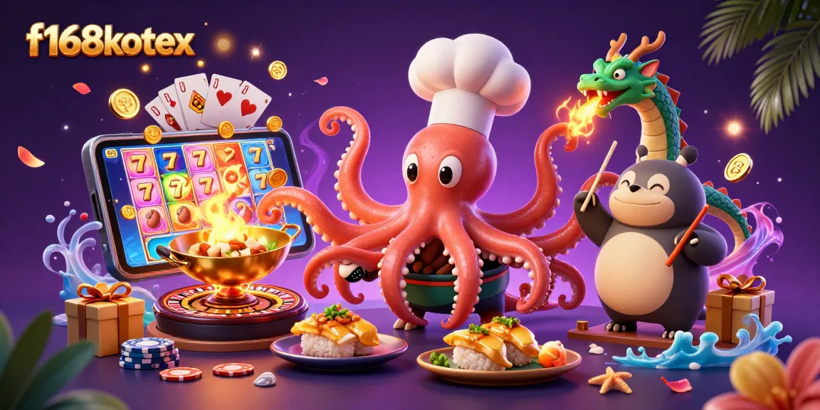 Engage with f168kotex via vibrant slot games illustrated with animated action from characters and dynamic casino elements.