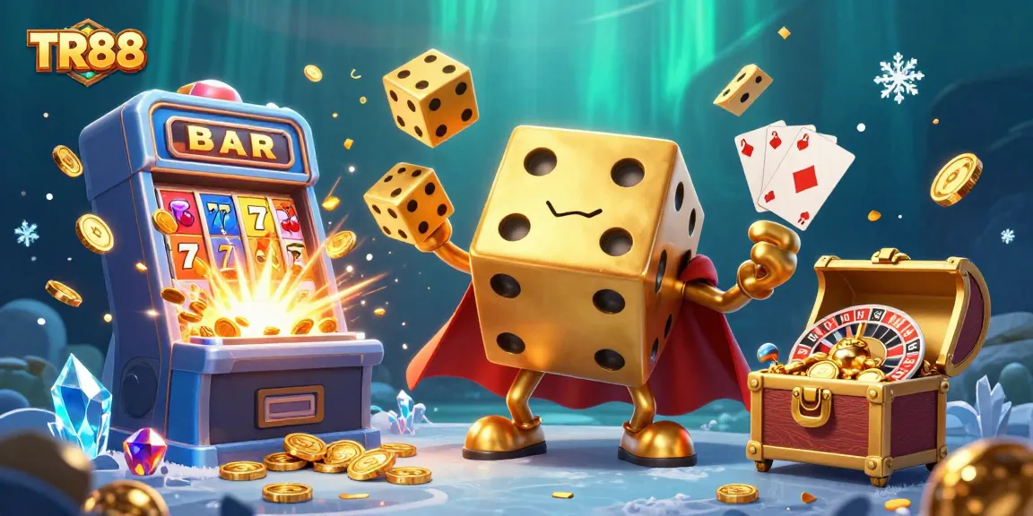 TR88 gaming excitement with a golden dice golem, vibrant jackpot effects, and dynamic casino activities