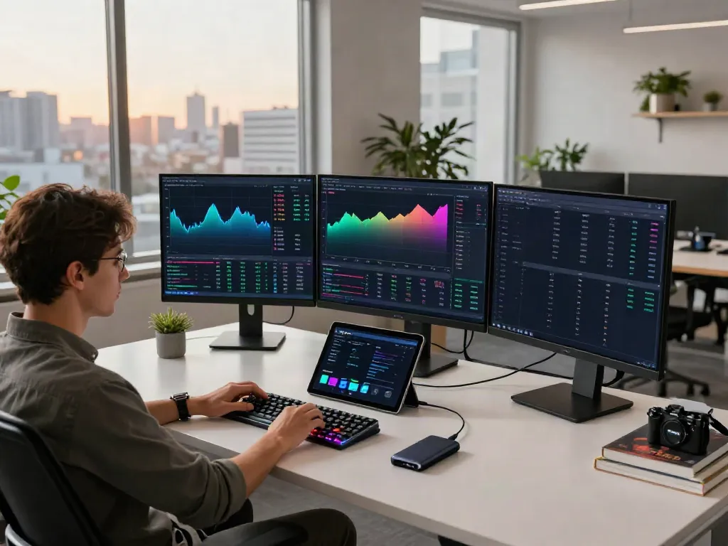 HK stock market data for quantitative trading in a modern trading setup with multiple screens and crypto analysis tools.