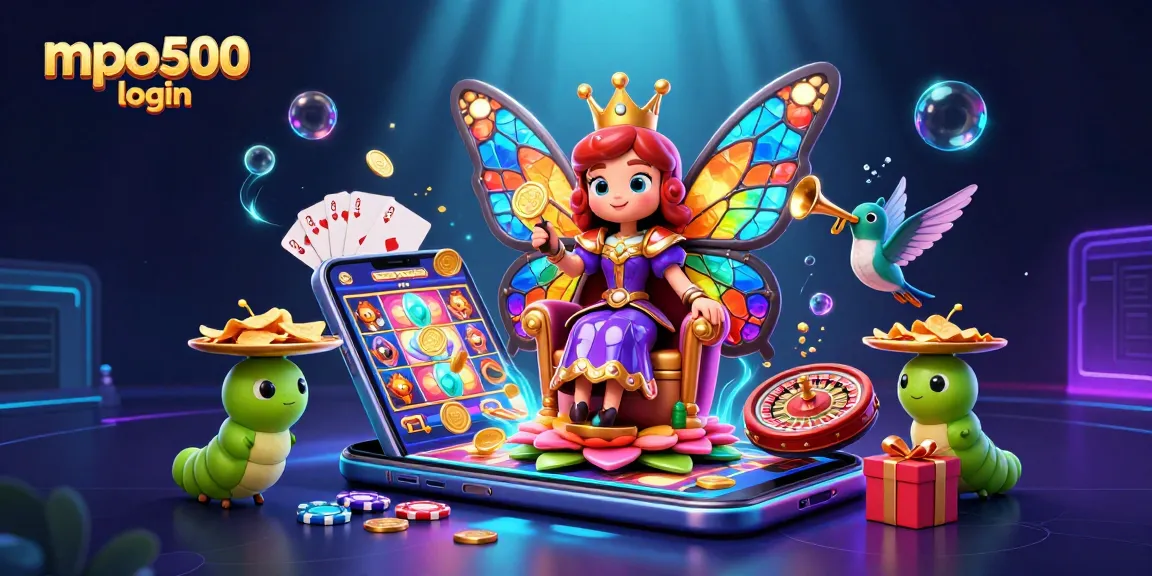 Play exciting games with mpo500 login, featuring a vibrant illustrated casino scene full of slots and chips.