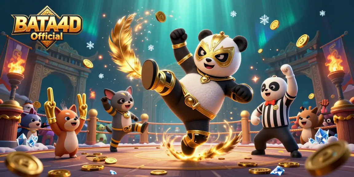 BATA4D Official showcases a thrilling scene with a wrestler panda and referee chihuahua in a vibrant casino showdown.