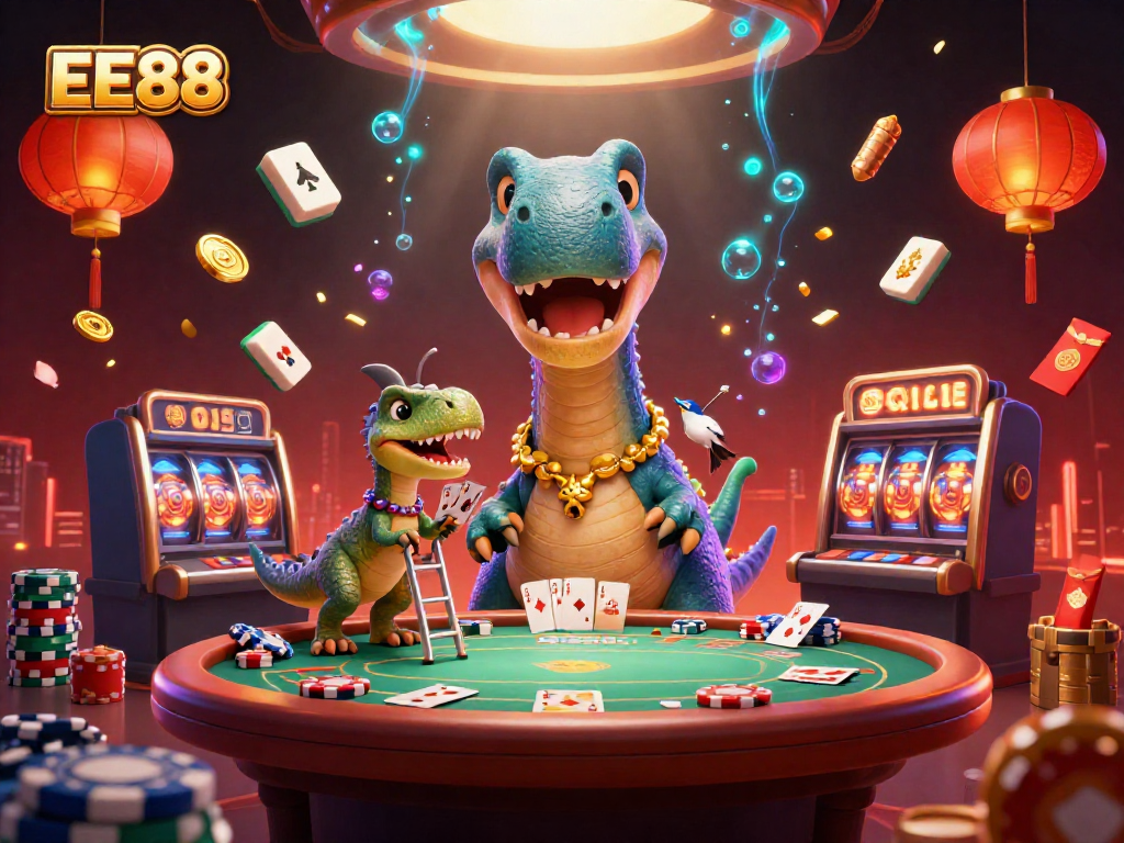 Engage with EE88 as the brontosaurus oversees a lively poker game in a vibrant casino scene.