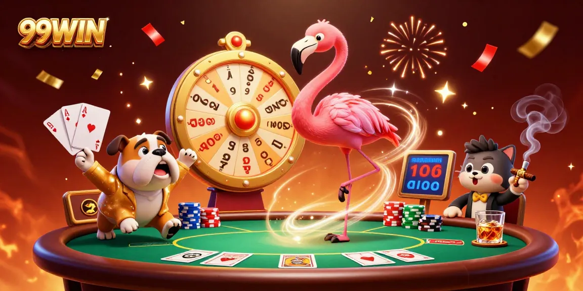 Engage in thrilling action at 99WIN, featuring 3D characters celebrating wins with poker and prizes.