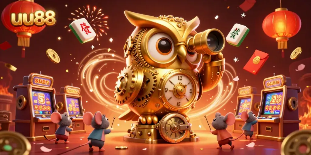 Experience thrilling gameplay at uu88 with a clockwork owl surveying vibrant casino action.
