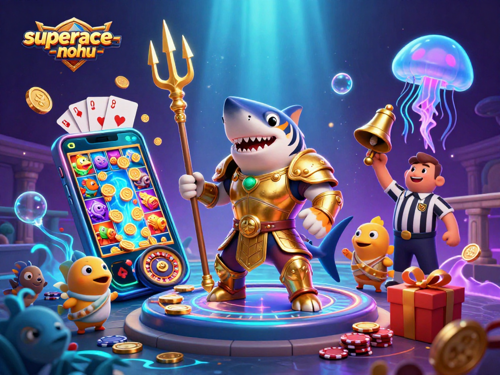 Experience superace-nohu as a thrilling underwater casino battle with a gladiator shark amidst vibrant gaming elements.