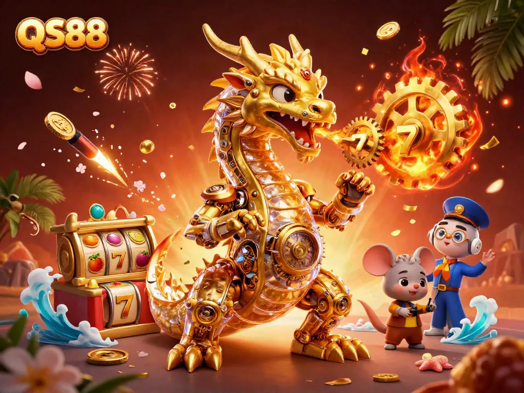 Experience thrilling gameplay with QS88’s captivating casino scene featuring gold dragons and slot reels.