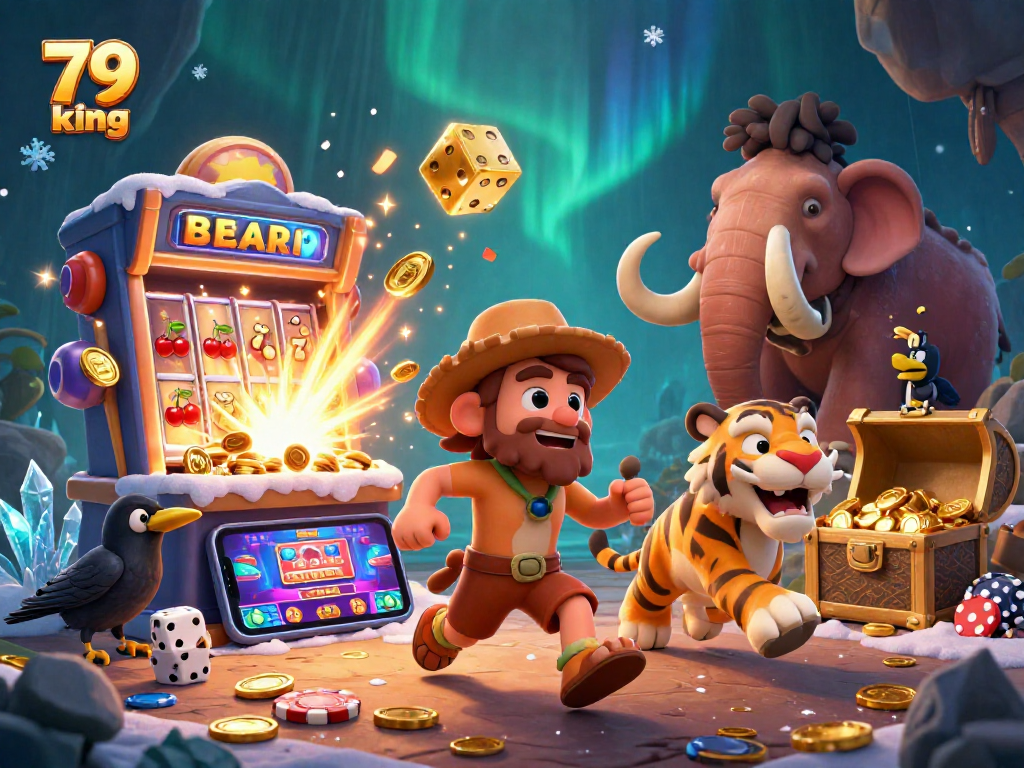 Engage with 79 king in a vibrant prehistoric casino scene featuring iconic gaming elements.