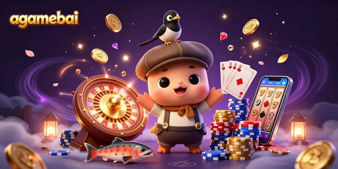 Experience thrilling gameplay with agamebai, featuring adorable cartoon characters amidst cascading coins and vibrant casino elements.